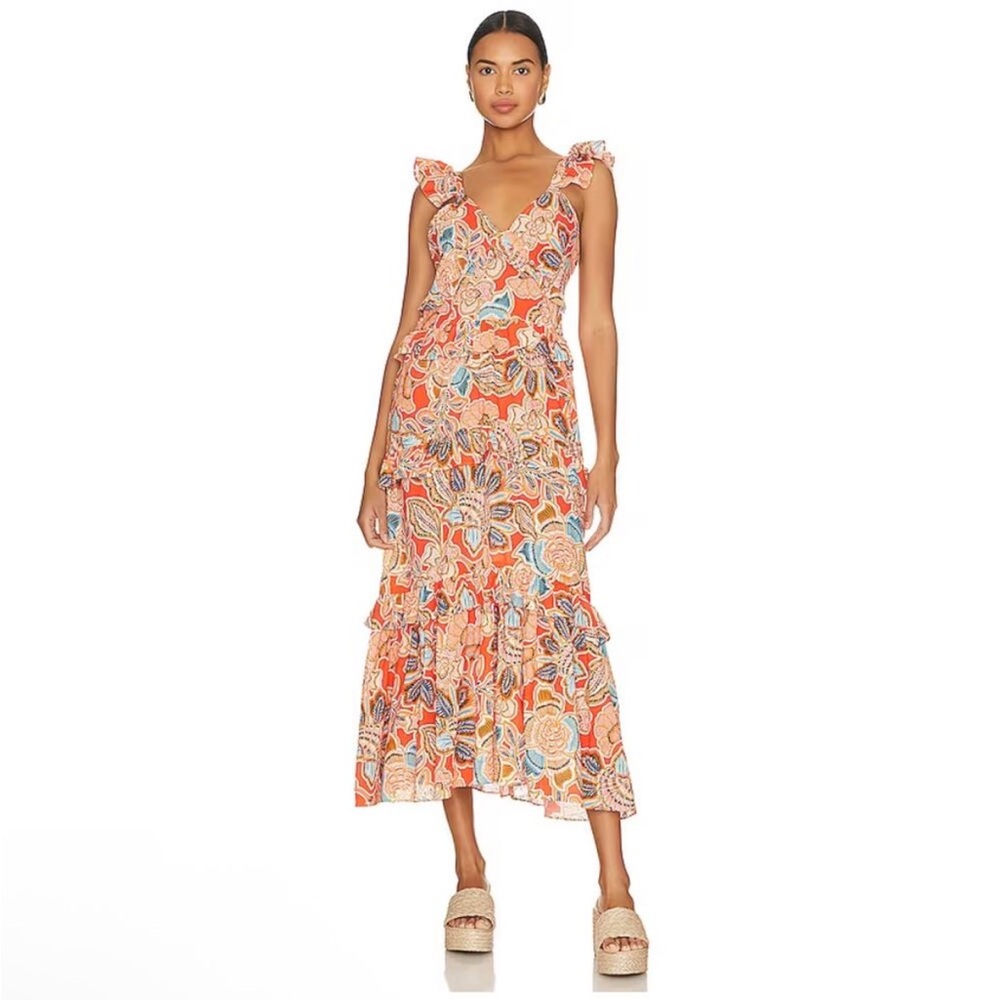 MISA Los Angeles NWT Morrison Tiered Ruffle Cotton Dress tangerine floral